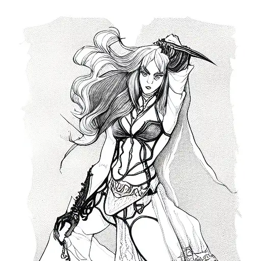 a simple linework illustration of carmilla from castlevania tattoo design idea