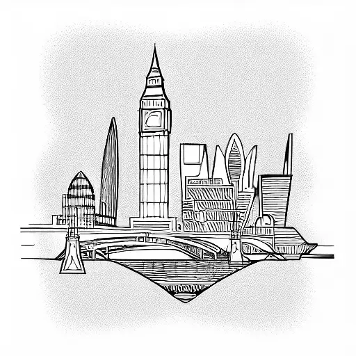a simple linework illustration of london, digital painting, art deco, matte tattoo design idea