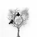 Crows with smoke coming out of empty eyesocketsitting on withered tree tattoo design idea