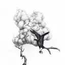 Crows with smoke coming out of empty eyesocketsitting on withered tree tattoo design idea