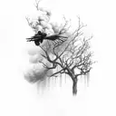 Crows with smoke coming out of empty eyesocketsitting on withered tree tattoo design idea