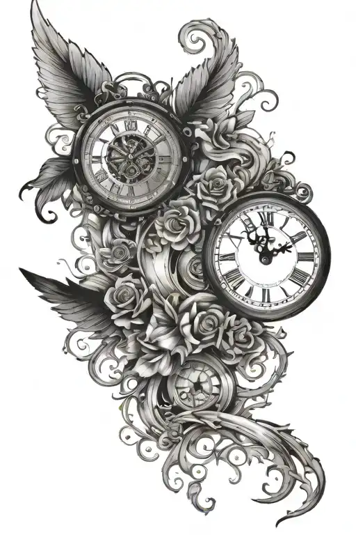 i want a armsleeve with armband around that is full black and clock woth ticking time  tattoo design idea