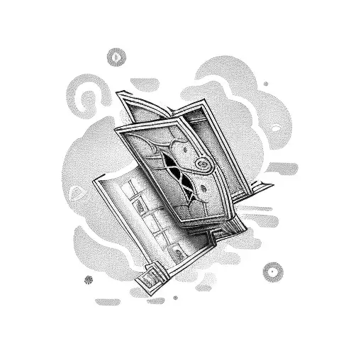 A bookshelf with a hidden door leading to a magical world tattoo design idea