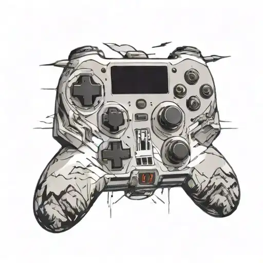 A gaming controller morphing into a mountain range, with star wars spacecrafts flying overhead tattoo design idea