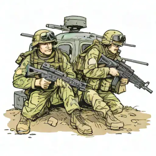 Russian soldiers, one with a PKM machine gun, the second soldier with a Kalashnikov assault rifle in the back of an Mi 8 helicopter tattoo design idea