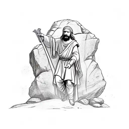 biblical figure on a throne in a cave under an arch of rocks holding a bible in one hand and a sword resting on the rock tattoo design idea