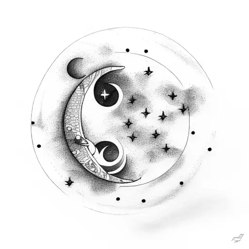 quarter moon in front with Pisces constellation behind tattoo design idea