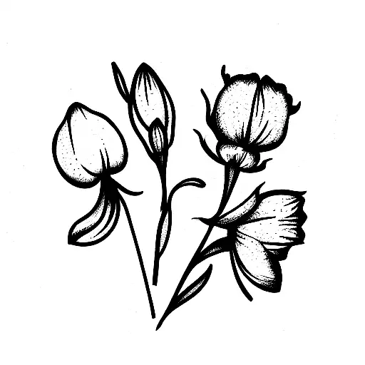 Bunch of 4 Dried Flowers - Snowdrop, Violet, Daffodil and Rose, upside down tattoo design idea