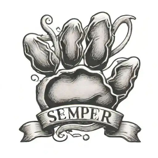 A black-grey tattoo of a dog paw print with the text 'semper fi' above it tattoo design idea