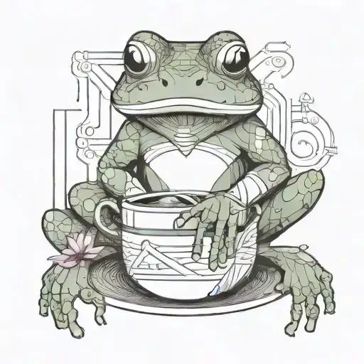 A sleek and modern tattoo of a Japanese frog sitting on a coffee cup with binary code wrapping around it tattoo design idea
