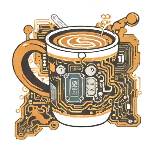 A coffee cup with a computer motherboard design inside, symbolizing your passion for programming and caffeine tattoo design idea