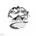 Discgolf player throwing a disc with mountains in the background tattoo design idea