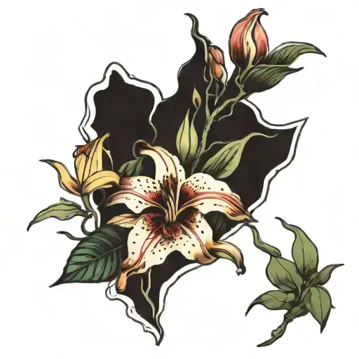 ripped skin into a bundle of flowers including roses, tiger lilies, orchids etc tattoo design idea