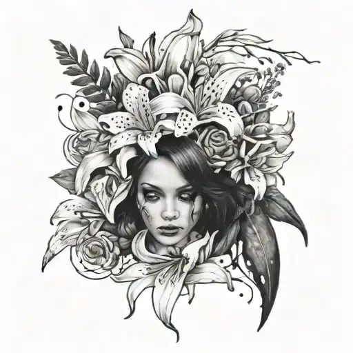 ripped skin into a bundle of flowers including roses, lilies, orchids etc tattoo design idea