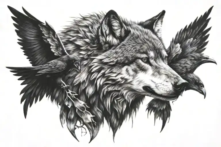 Wounded Wolf and Crow  tattoo design idea