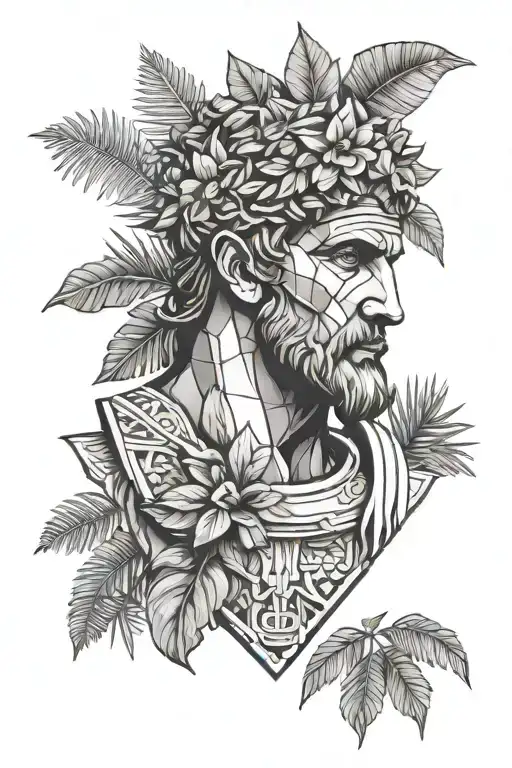 Bust of a Roman warrior surrounded by tropical plants tattoo design idea