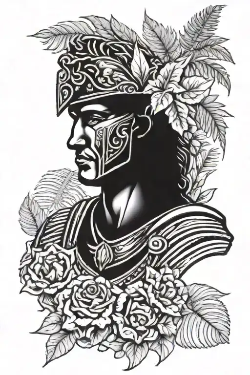 Bust of a Roman warrior surrounded by tropical plants tattoo design idea