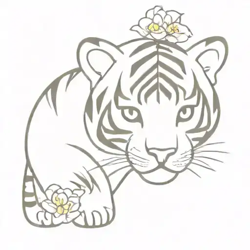 baby tiger with cherry blossom tree tattoo design idea