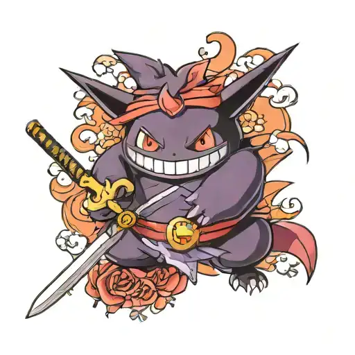 gengar pokemon wearing kimono holding a katana tattoo design idea