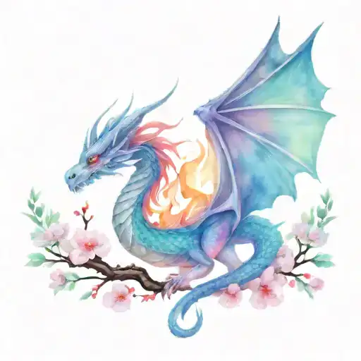 dragon, phoenix, cherry blossoms, swords tattoo design idea