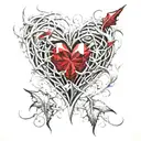 Crystal Deep Red Heart, The word RUBY in gold underneath, intricate silver thorns twisting around tattoo design idea