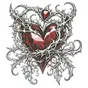 Crystal Deep Red Heart, The word RUBY in gold underneath, intricate silver thorns twisting around tattoo design idea