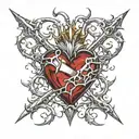 Crystal Deep Red Heart, The word RUBY in gold underneath, intricate silver thorns twisting around tattoo design idea