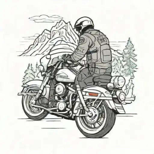 A Harley Davidson Electra Ultra Limited cruising through a forest with mountains in the background tattoo design idea