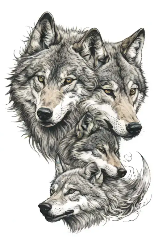 (realistic tattoo of a rabid furious wolf and a calm Turkish wolf), half and half faces,  highly detailed tattoo design idea