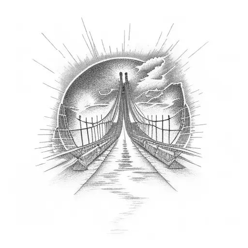 burning bridge in front of a sunset tattoo design idea