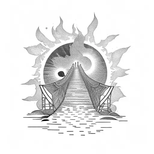 man watching a burning bridge in front of a sunset tattoo design idea
