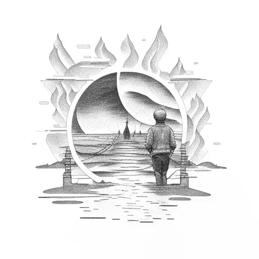 man watching a burning bridge in front of a sunset tattoo design idea