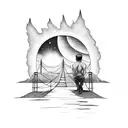 man watching a burning bridge in front of a sunset tattoo design idea