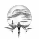 man watching a burning bridge in front of a sunset tattoo design idea