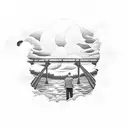 man watching a burning bridge in front of a sunset tattoo design idea