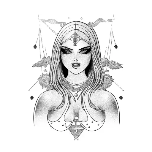 beautiful muscular Woman with Black Hair and chain Mail bikini  tattoo design idea