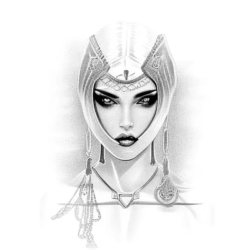 beautiful muscular Woman with Black Hair and chain Mail bikini  tattoo design idea