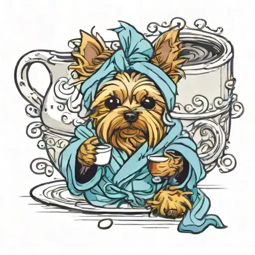 Yorkie dog in a bathrobe with a cup of coffee tattoo design idea