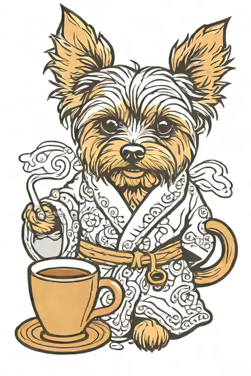 Yorkie dog in a bathrobe with a cup of coffee tattoo design idea