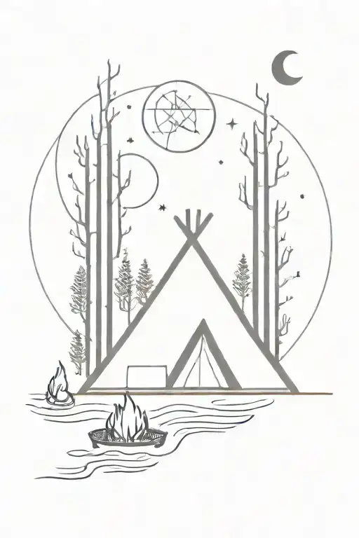 river bank, birch trees, tent, fire, moon, compass tattoo design idea