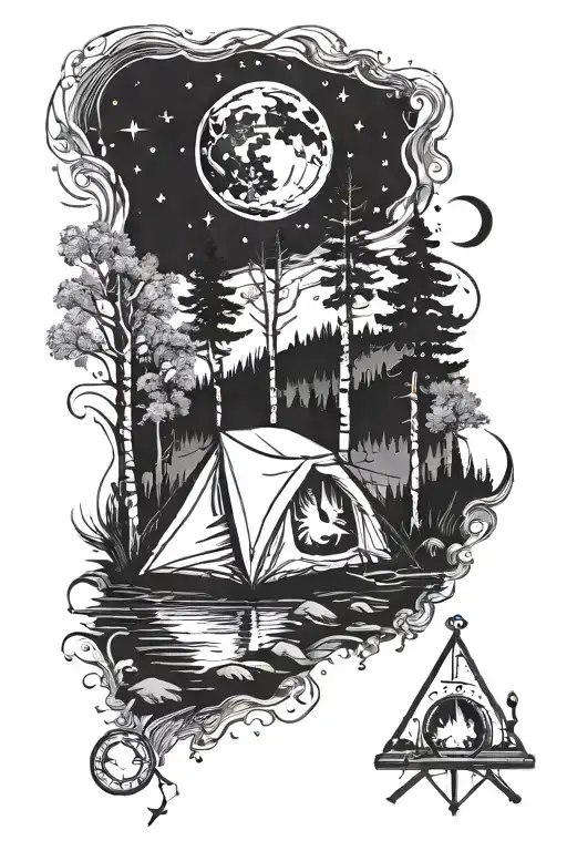 river bank, birch trees, tent, fire, moon surrounded by stars, compass tattoo design idea