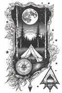 river bank, birch trees, tent, fire, moon surrounded by stars, compass tattoo design idea