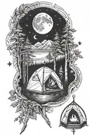 river bank, birch trees, tent, fire, moon surrounded by stars, compass tattoo design idea