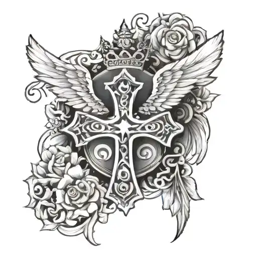 cross with wings and a crown tattoo design idea
