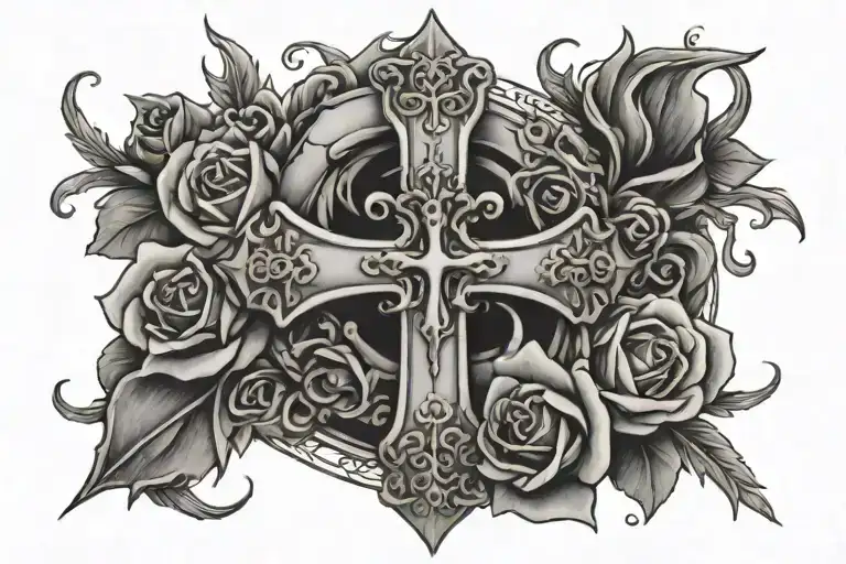 cross with thorn crown and roses surrounding  tattoo design idea