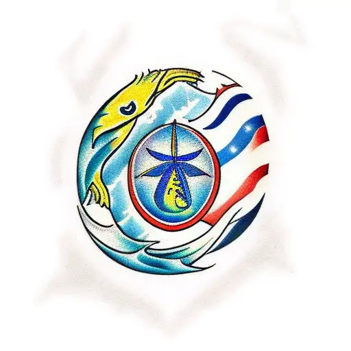 beautiful, majestic, vibrant Pisces with Guam flag  tattoo design idea
