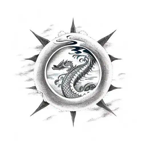 A serene beach scene in the Bahamas with a dragon flying overhead, representing love and adventure tattoo design idea