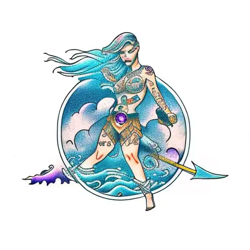 warrior girl with ocean background with amethyst undertone symbol  tattoo design idea