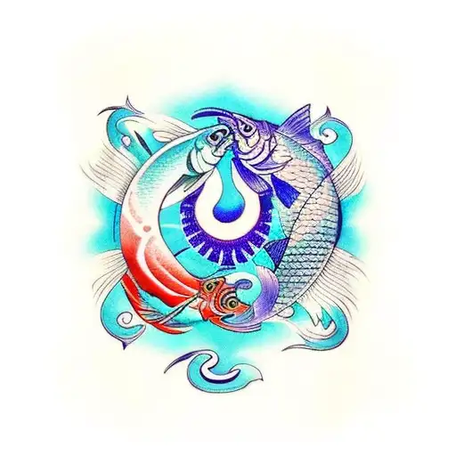 beautiful, majestic, vibrant Pisces zodiac with Chamorro symbol tattoo design idea