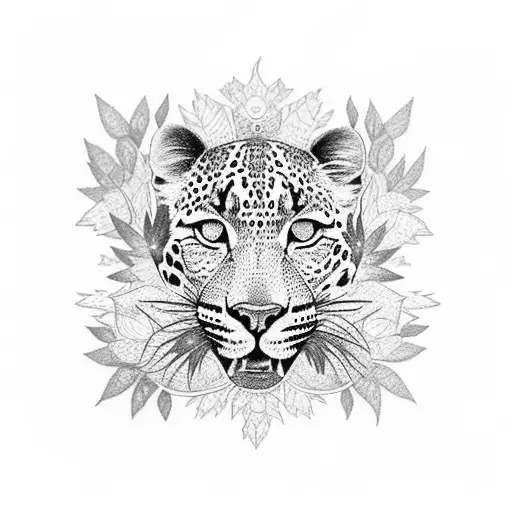 A dotwork design of a leopard surrounded by butterflies and smoke, with a marijuana leaf incorporated into the pattern tattoo design idea